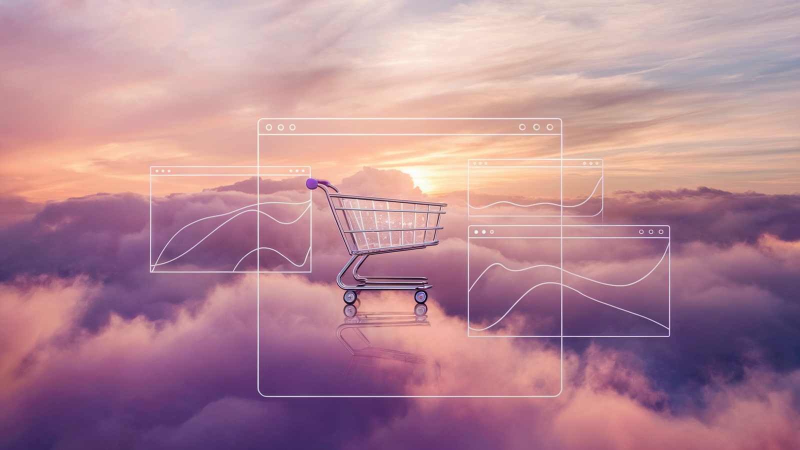 A soft, dreamy cloud with a shopping cart icon in the center, representing online shopping and e-commerce in a digital space.